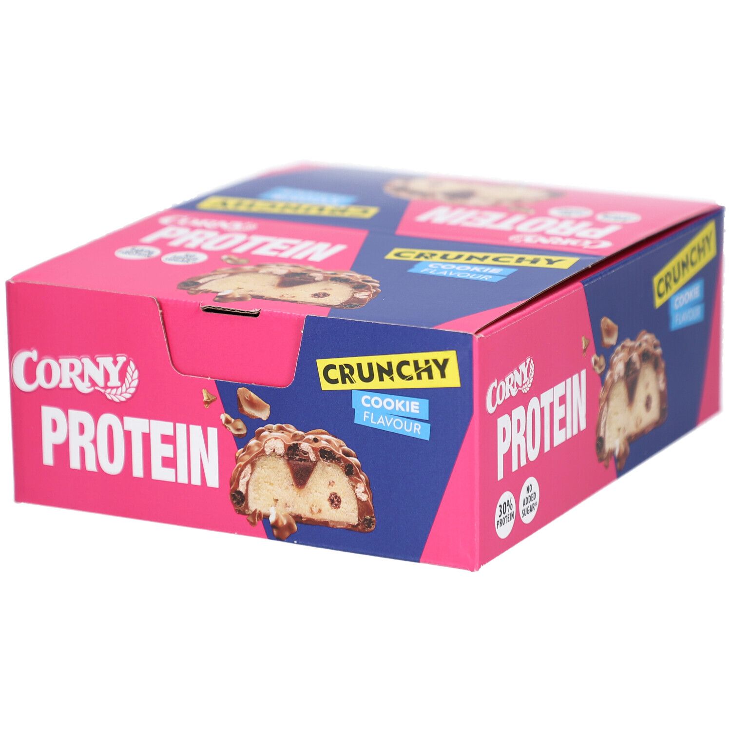 Blauer Karton mit Corny Protein Crunchy Cookie. Aufdrucke: Crunchy, Cookie Flavour, Protein, 30% Protein, ohne Zuckerzusatz.