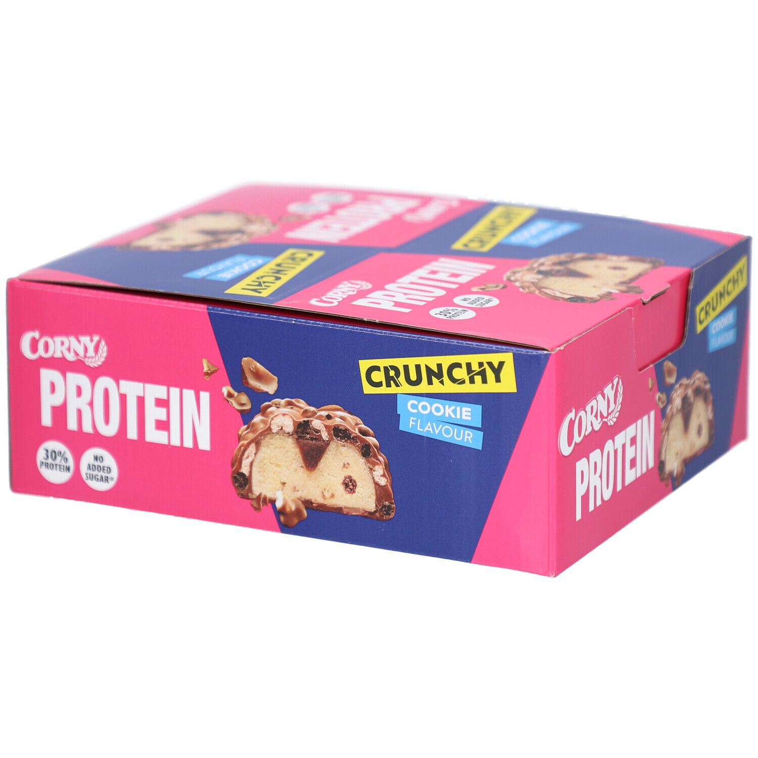 Blauer Karton mit Corny Protein Crunchy Cookie. Aufdrucke: Crunchy, Cookie Flavour, Protein, 30% Protein, ohne Zuckerzusatz.