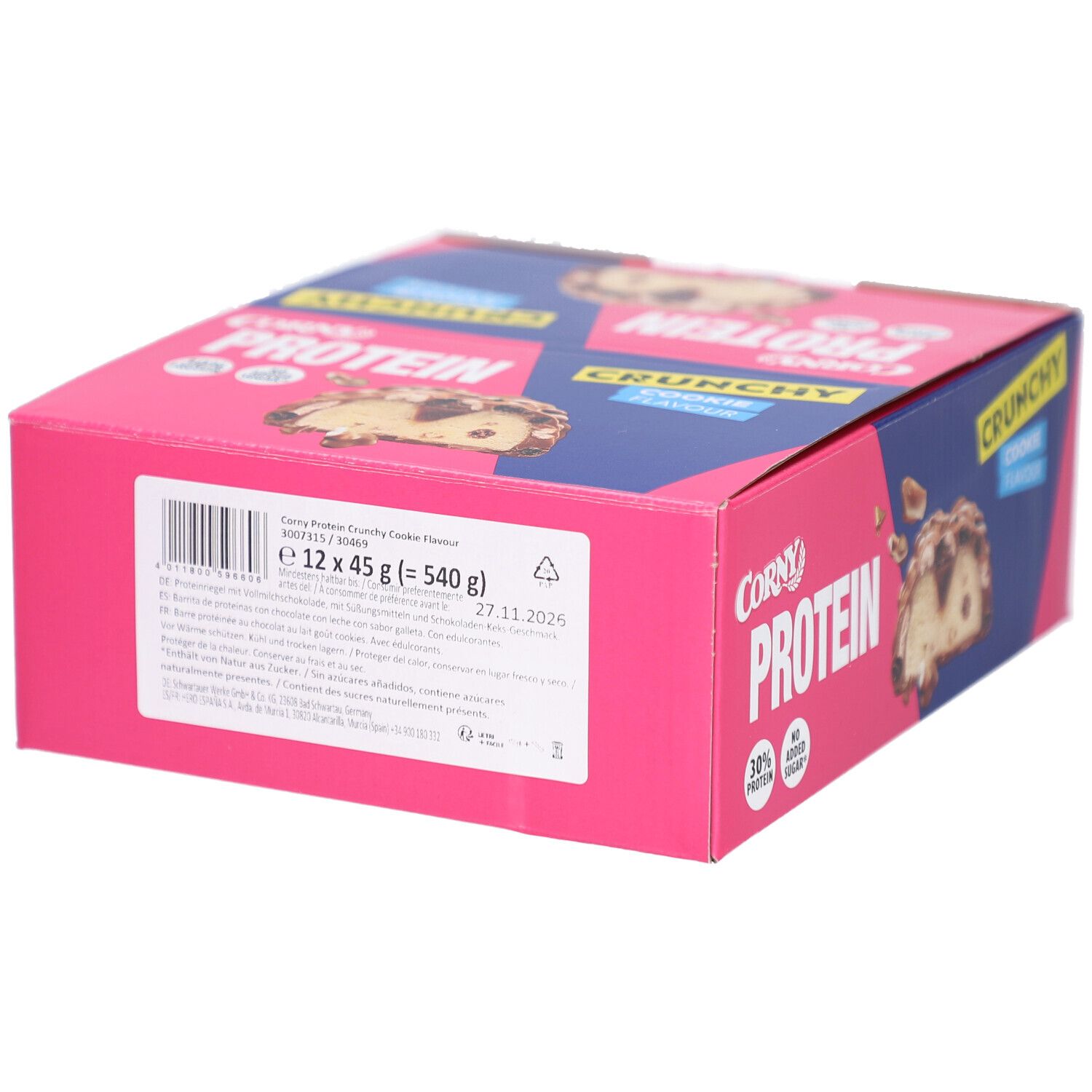 Blauer Karton mit Corny Protein Crunchy Cookie. Aufdrucke: Crunchy, Cookie Flavour, Protein, 30% Protein, ohne Zuckerzusatz. Barcode und Produktinformationen.