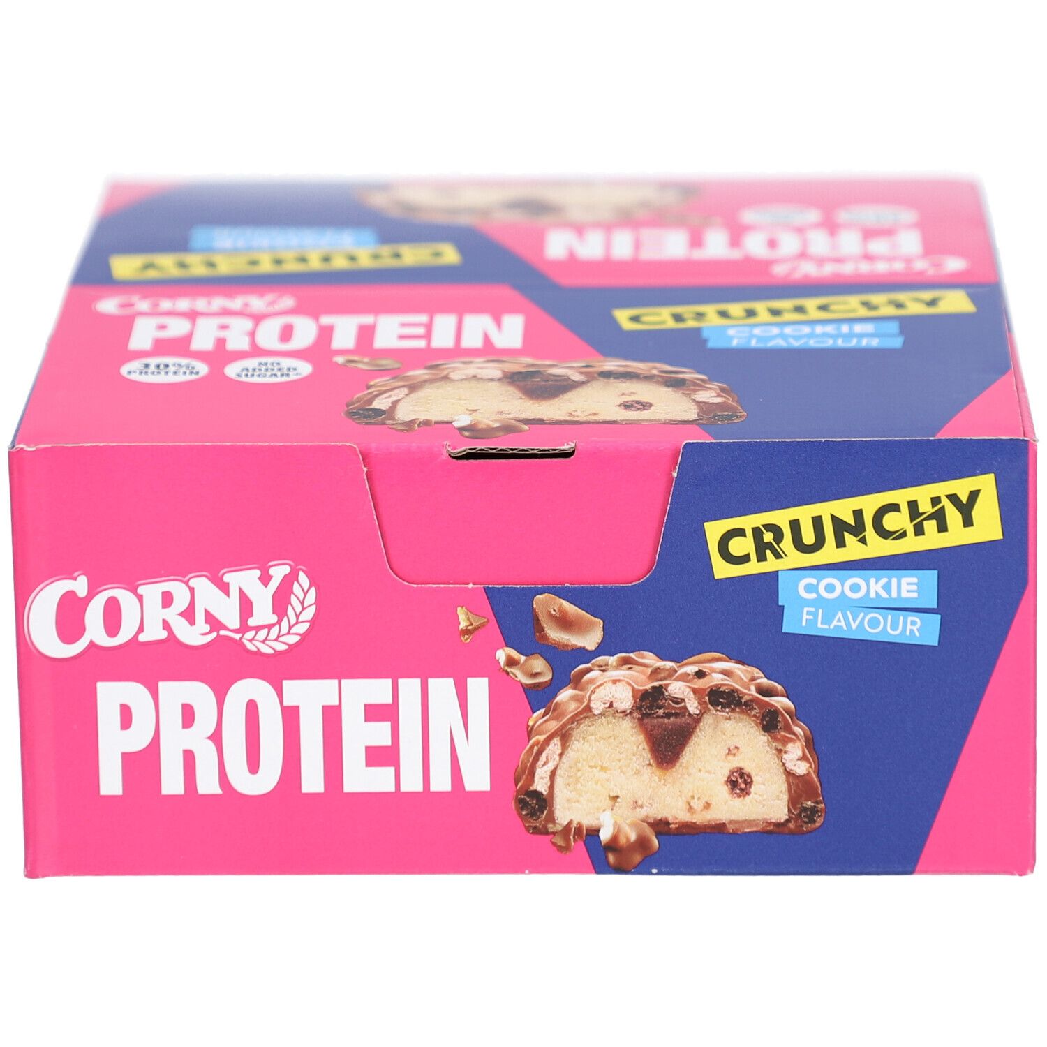 Blauer Karton mit Corny Protein Crunchy Cookie. Aufdrucke: Crunchy, Cookie Flavour, Protein, 30% Protein, ohne Zuckerzusatz.