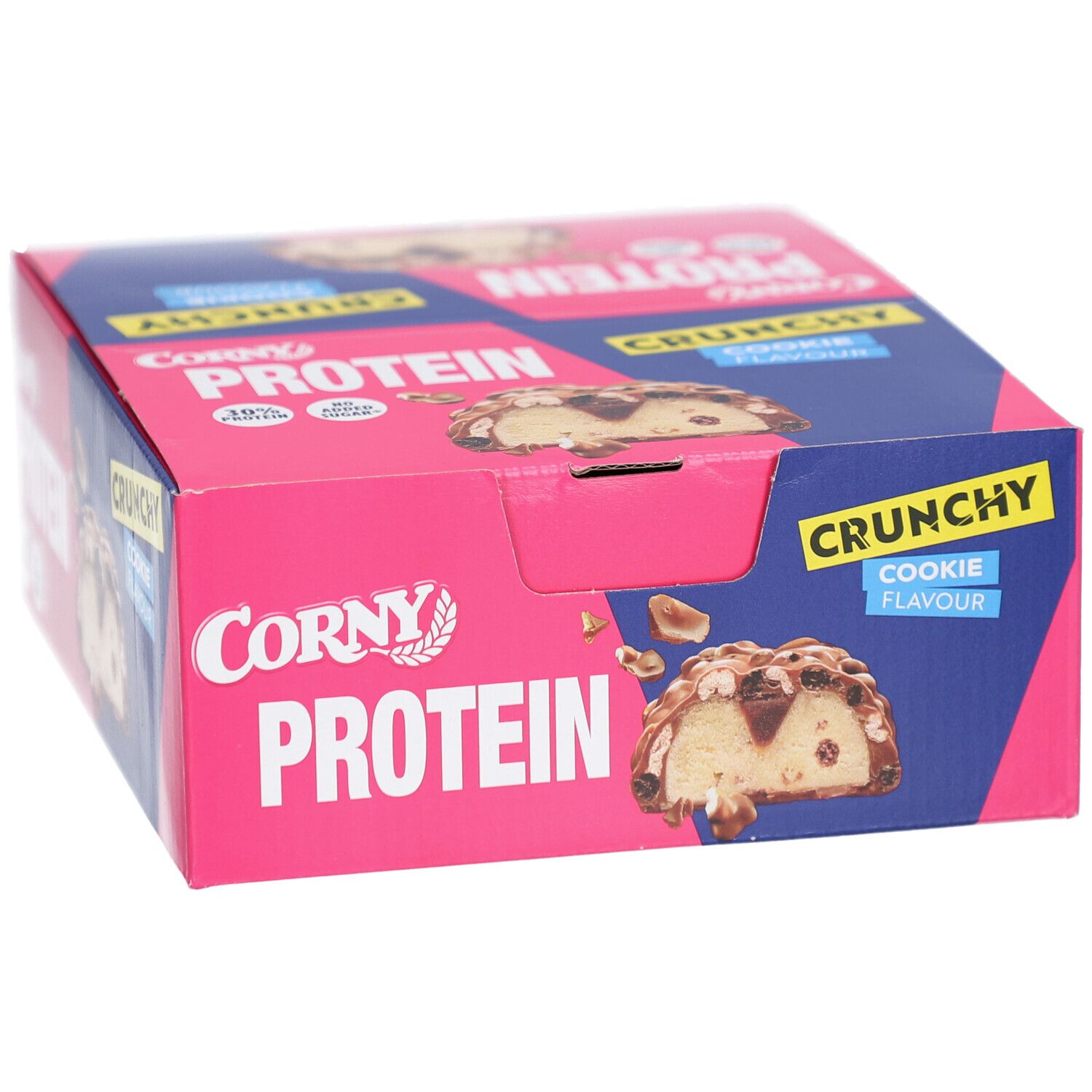 Blauer Karton mit Corny Protein Crunchy Cookie. Aufdrucke: Crunchy, Cookie Flavour, Protein, 30% Protein, ohne Zuckerzusatz.