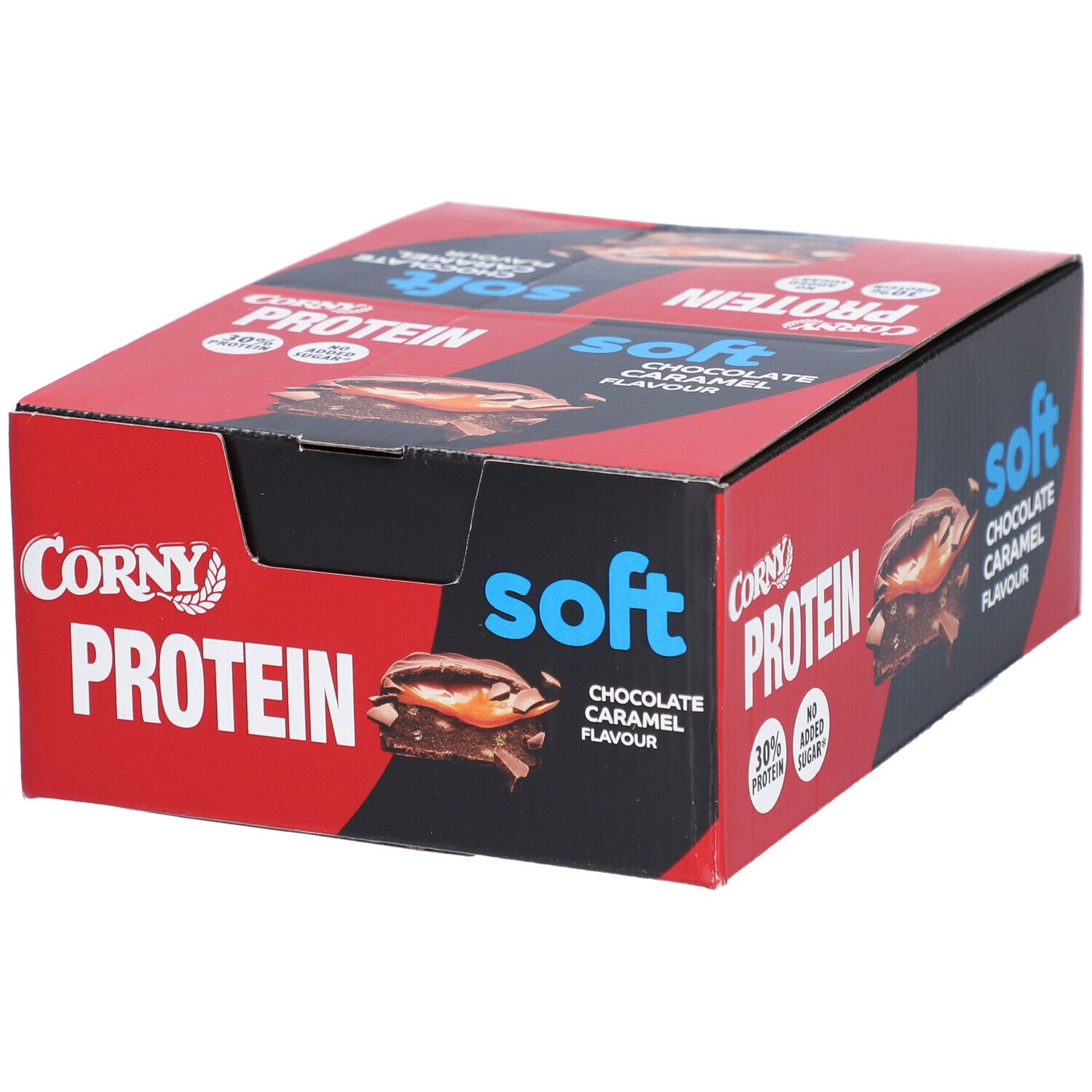 Rote und schwarze Schachtel mit Corny Protein Soft. Aufdruck: Schokolade-Karamell-Geschmack, 30% Protein, ohne Zuckerzusatz.