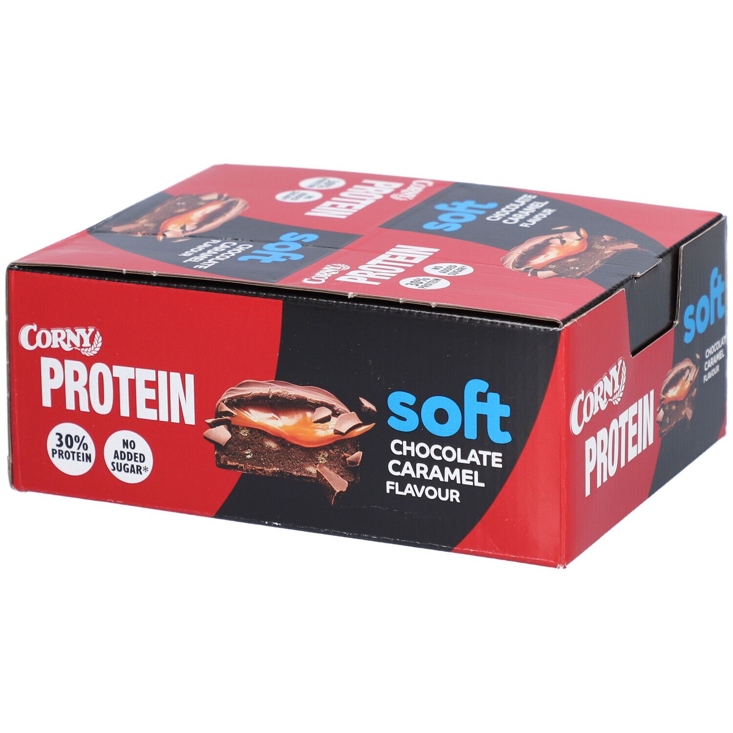 Rote und schwarze Schachtel mit Corny Protein Soft. Aufdruck: Schokolade-Karamell-Geschmack, 30% Protein, ohne Zuckerzusatz.