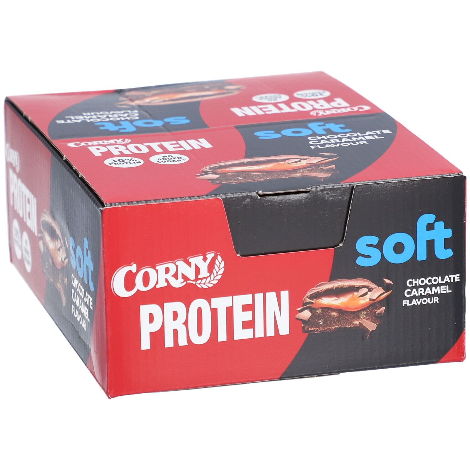 Rote und schwarze Schachtel mit Corny Protein Soft. Aufdruck: Schokolade-Karamell-Geschmack, 30% Protein, ohne Zuckerzusatz.