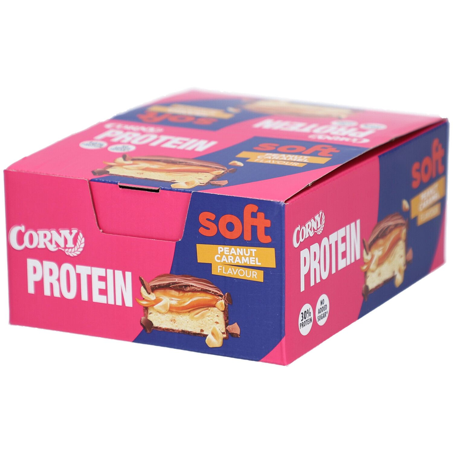 Verpackung mit Corny Protein Soft Riegeln. Gelb-schwarzer Karton mit Produktabbildung und Schriftzug.