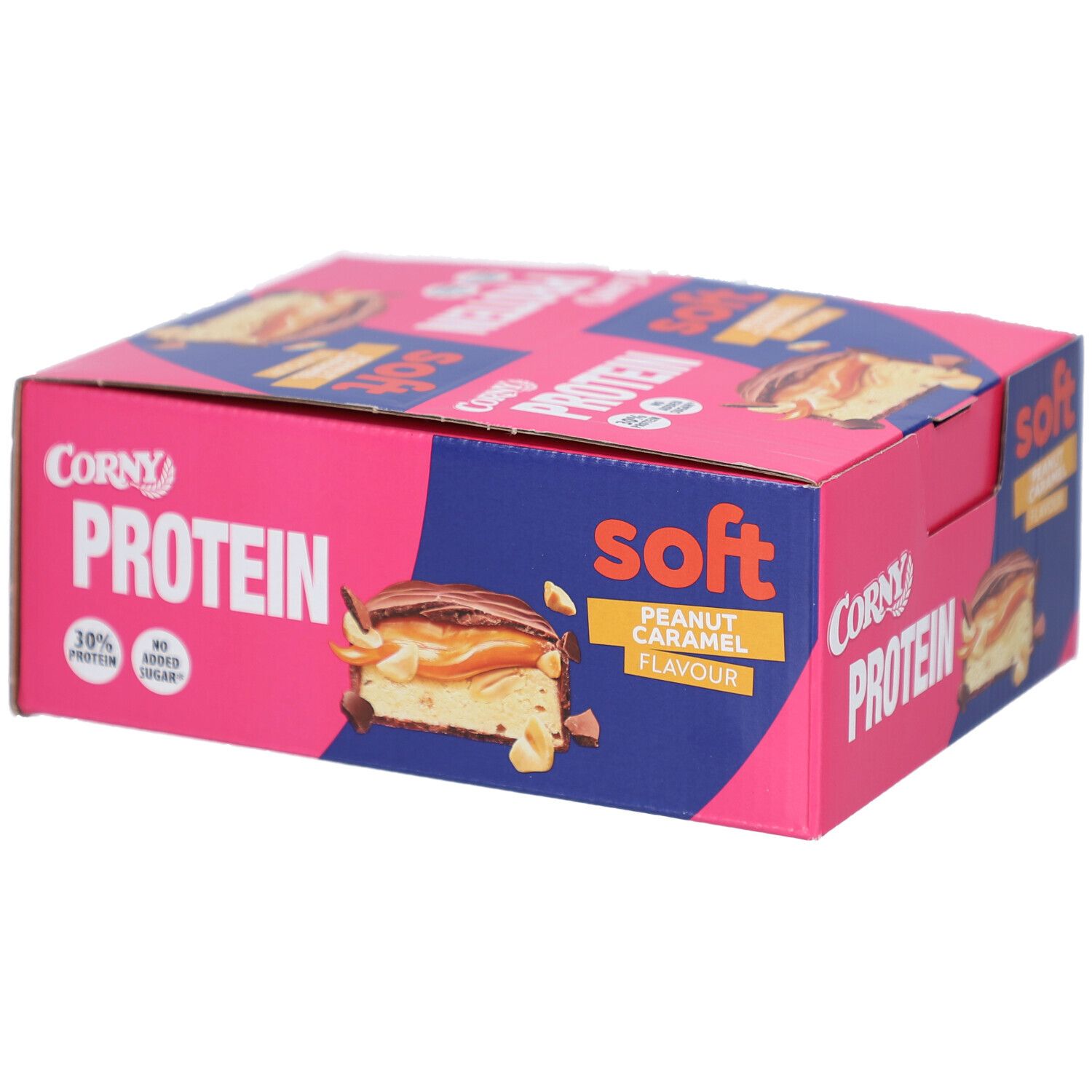 Kartonverpackung mit Corny Protein Soft Riegeln. Gelb-schwarzes Design mit Produktbild und Text.