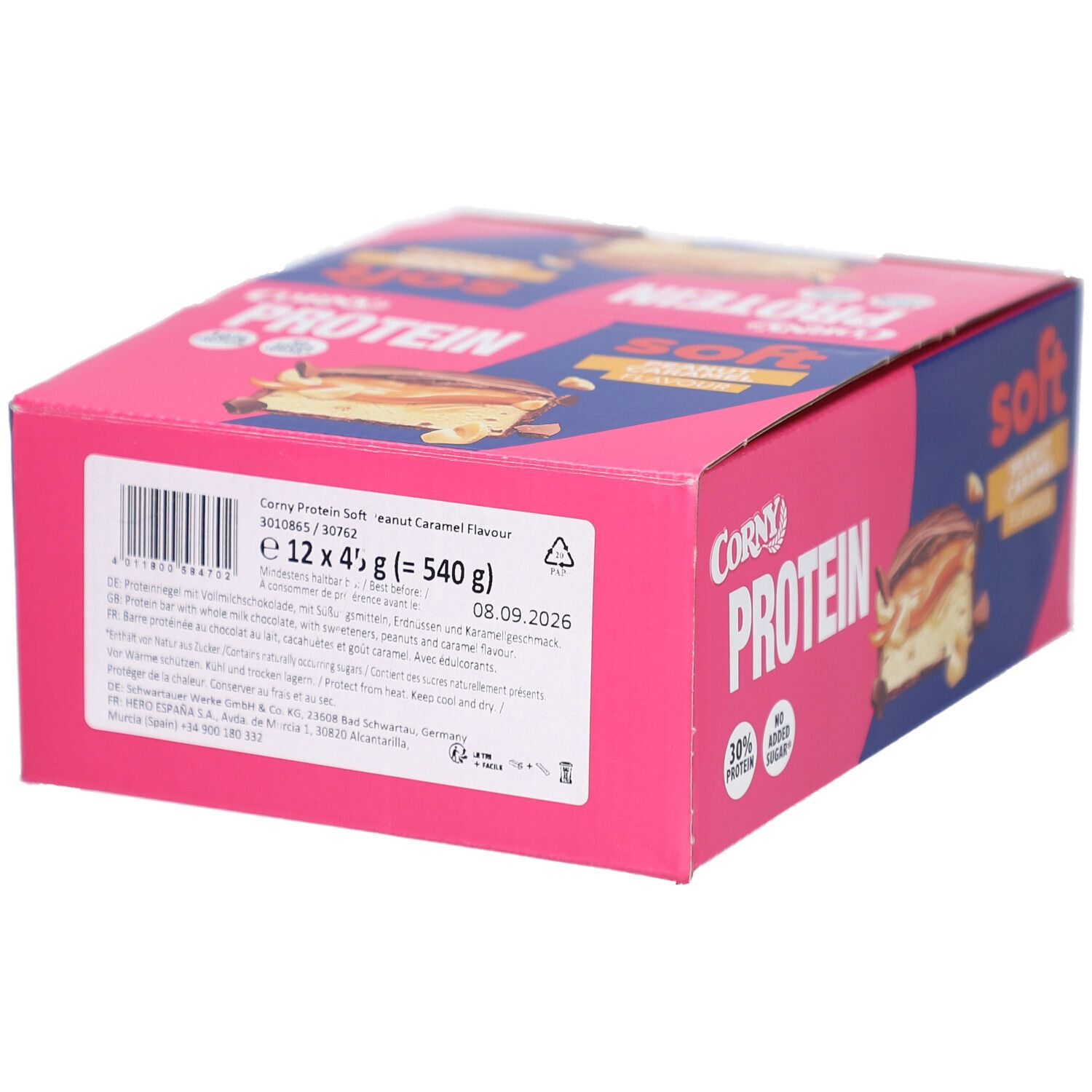 Verpackung mit Corny Protein Soft Riegeln. Gelb-schwarzer Karton mit Produktabbildung, Text und Barcode.