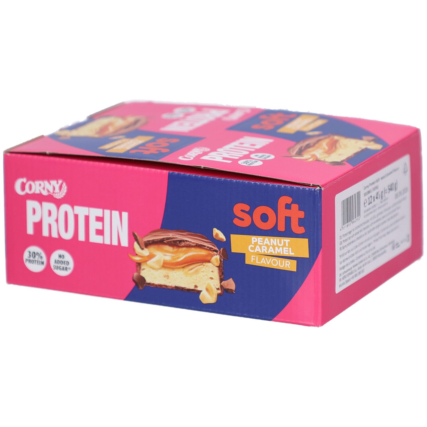 Kartonverpackung mit Corny Protein Soft Riegeln. Gelb-schwarzes Design mit Produktbild, Text und Barcode.