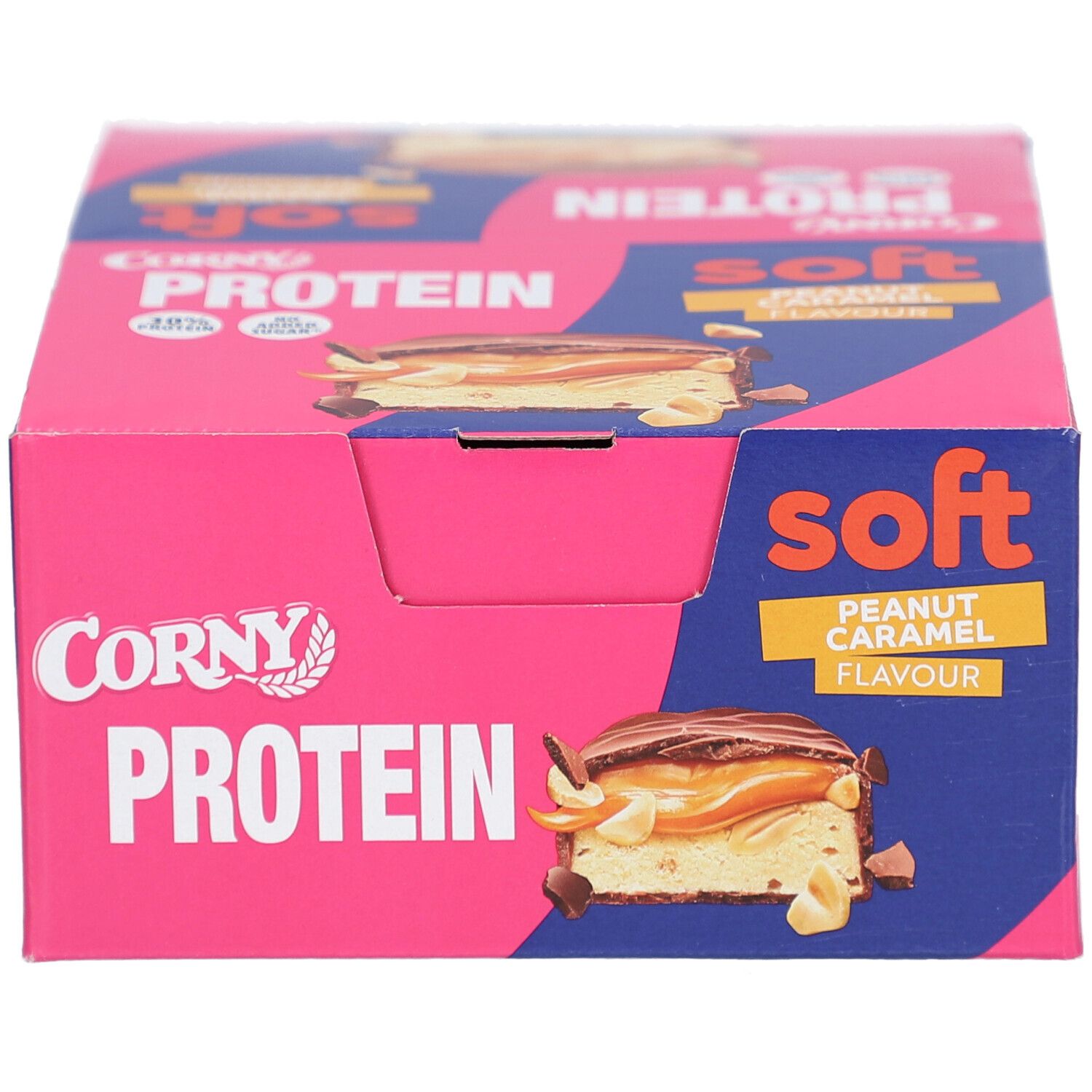 Kartonverpackung mit Corny Protein Soft Riegeln. Gelb-schwarzes Design mit Produktbild und Text.