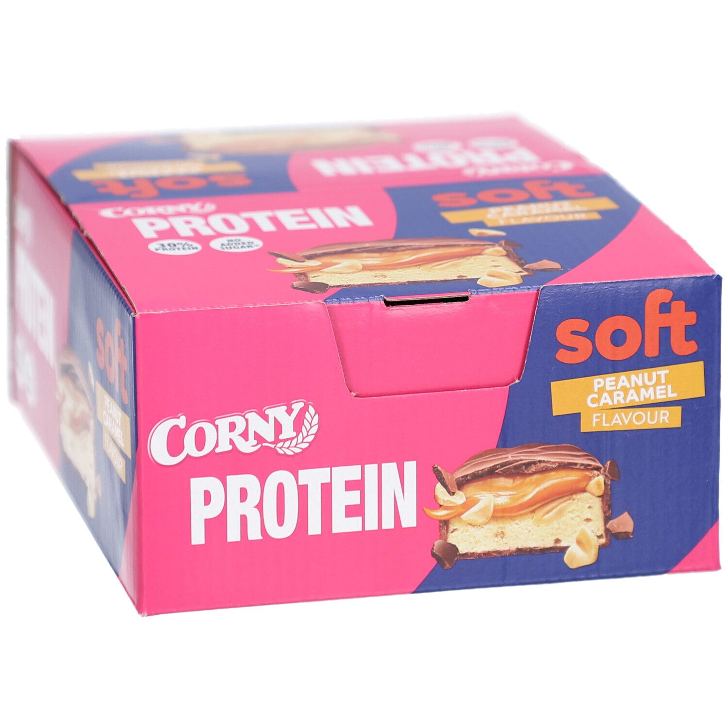 Kartonverpackung mit Corny Protein Soft Riegeln. Gelb-schwarzes Design mit Produktbild und Text.