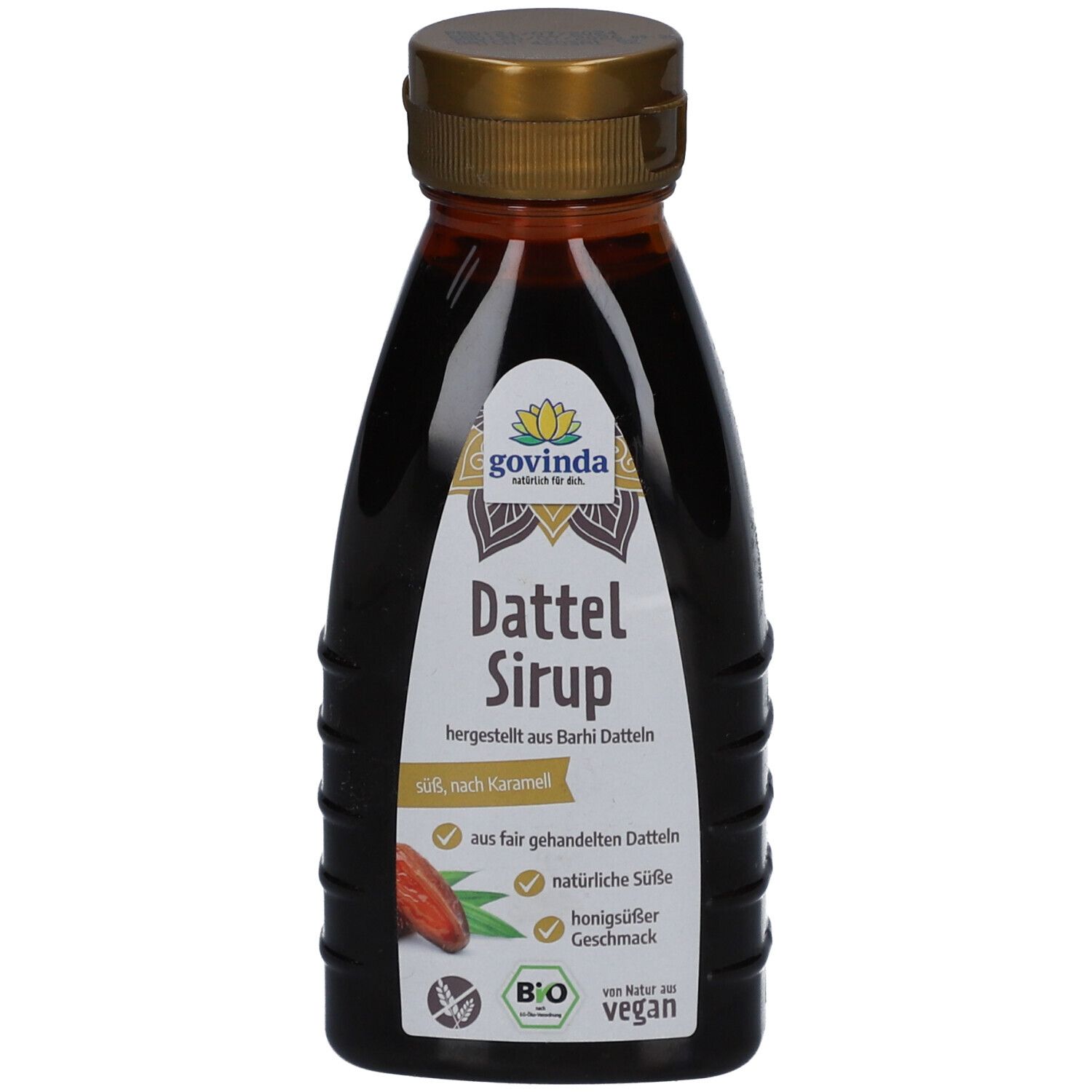 Braune Flasche mit goldfarbenem Deckel. Etikett mit "Govinda" und "Dattelsirup". Bio-Siegel und vegan.