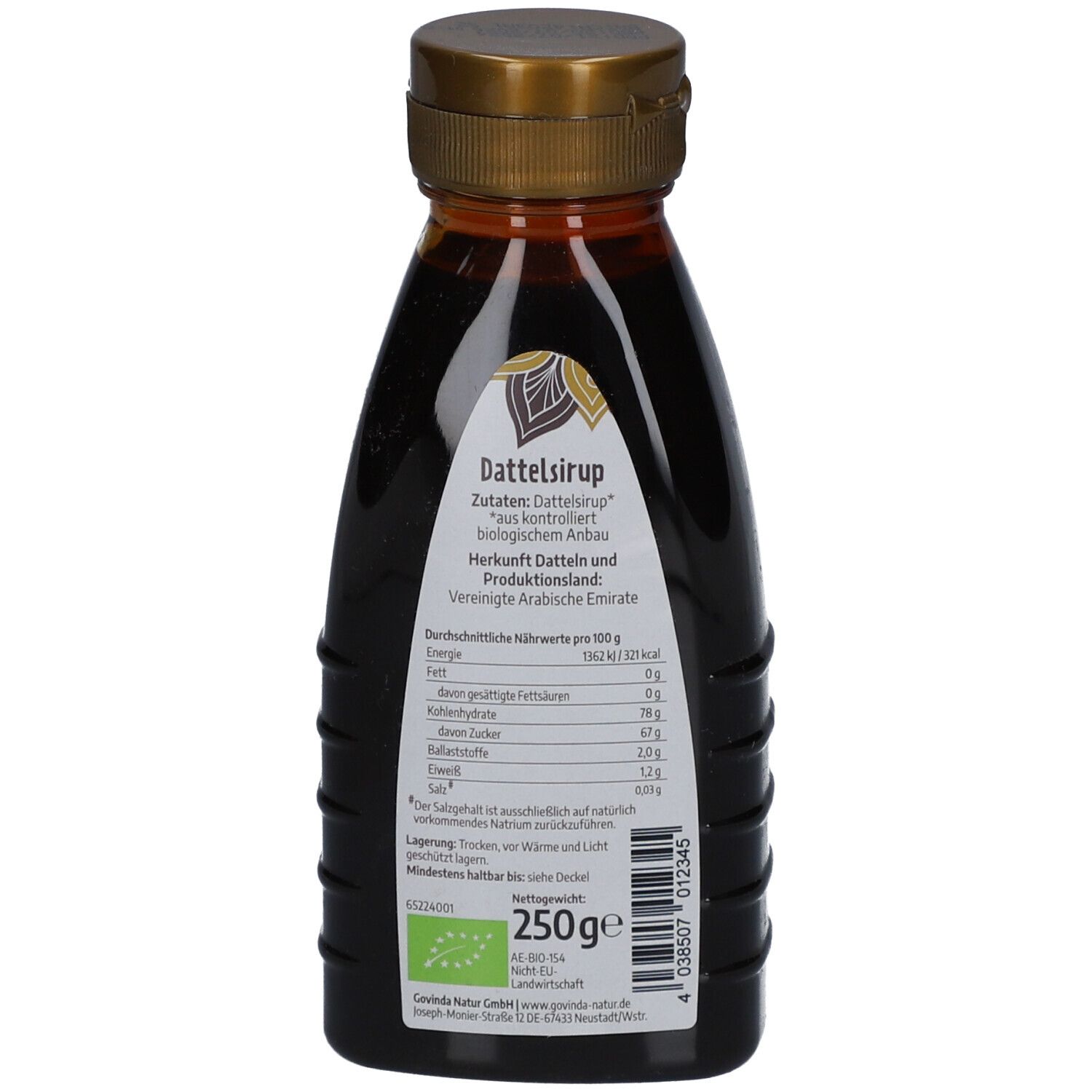 Rückseite der Flasche. Etikett mit Nährwertangaben und "Dattelsirup". Bio-Siegel und Gewicht: 250g.