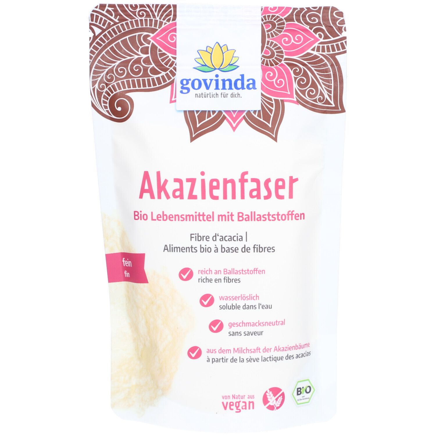 Govinda Akazienfaser-Beutel. Weißer Beutel mit Produktnamen und Logo. Text: Bio-Lebensmittel mit Ballaststoffen, vegan, fein.