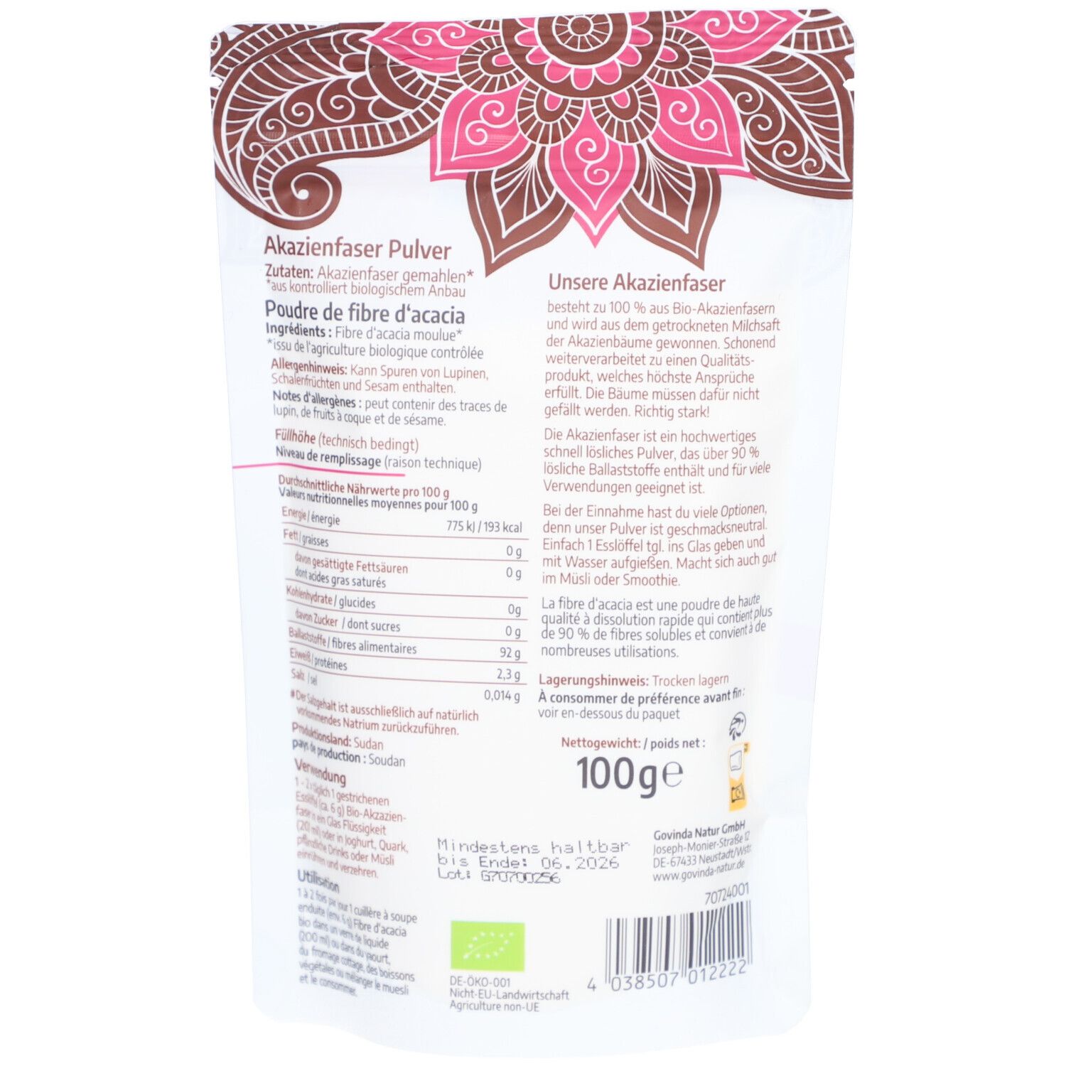 Rückseite der Govinda Akazienfaser-Verpackung. Text: Akazienfaser Pulver, Zutaten, Nährwertangaben, Gewicht 100g, Bio-Siegel.