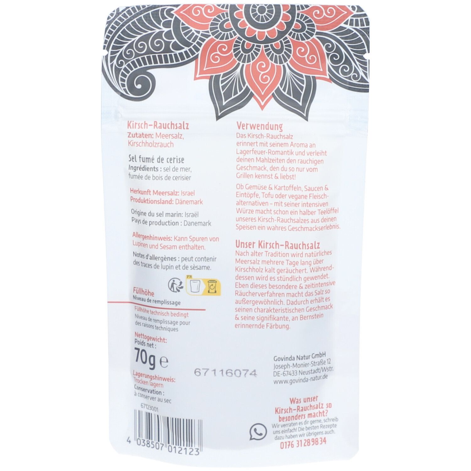 Rückseite der Govinda Kirsch-Rauchsalz Verpackung. Text in Deutsch und Französisch. Angabe von Inhaltsstoffen und Gewicht.