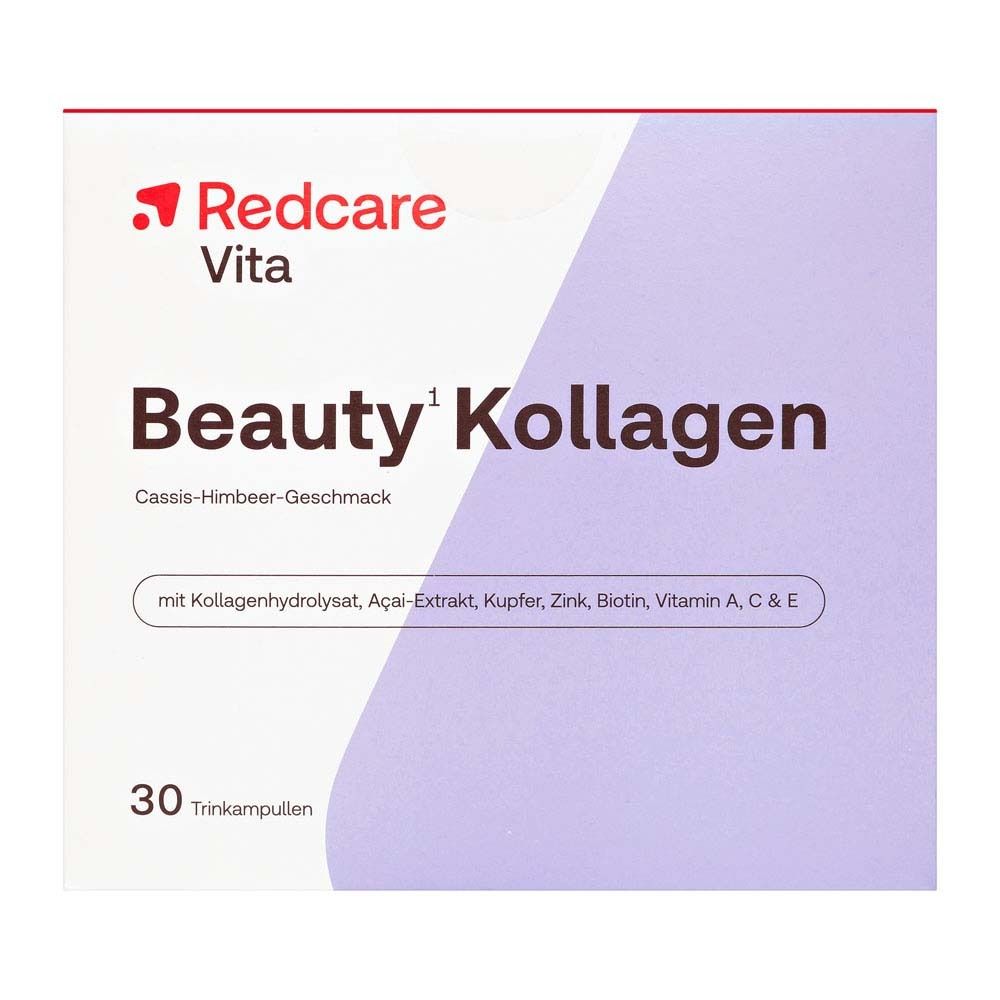 Rückseite der Verpackung von Redcare Beauty Kollagen. Enthält Informationen zu Inhaltsstoffen und Nährwerten.
