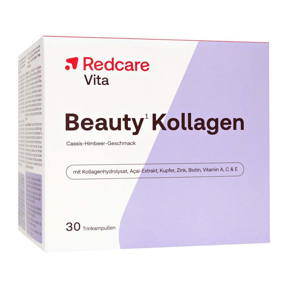 Eine Packung Redcare Beauty Kollagen Trinkampullen mit 30 Stück, Cassis-Himbeer-Geschmack.
