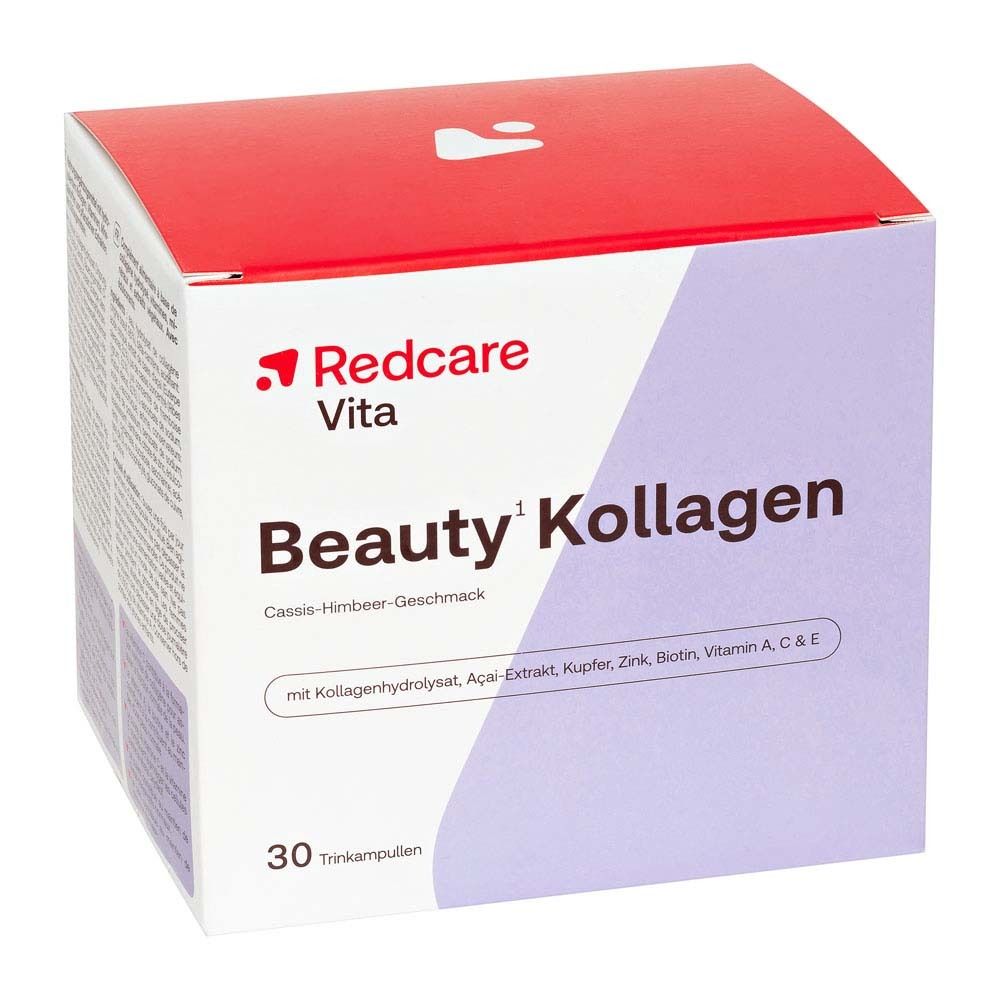 Infografik zur Anwendung von Redcare Beauty Kollagen. Zeigt Schritte zum Öffnen und Trinken der Ampulle.
