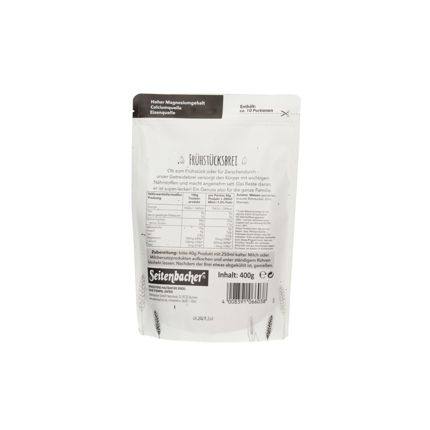Rückseite der Seitenbacher Vollkorn-Brei Verpackung. Enthält Nährwertangaben und Zubereitungshinweise. Magnesium-, Ballaststoff- und Eisenquelle.