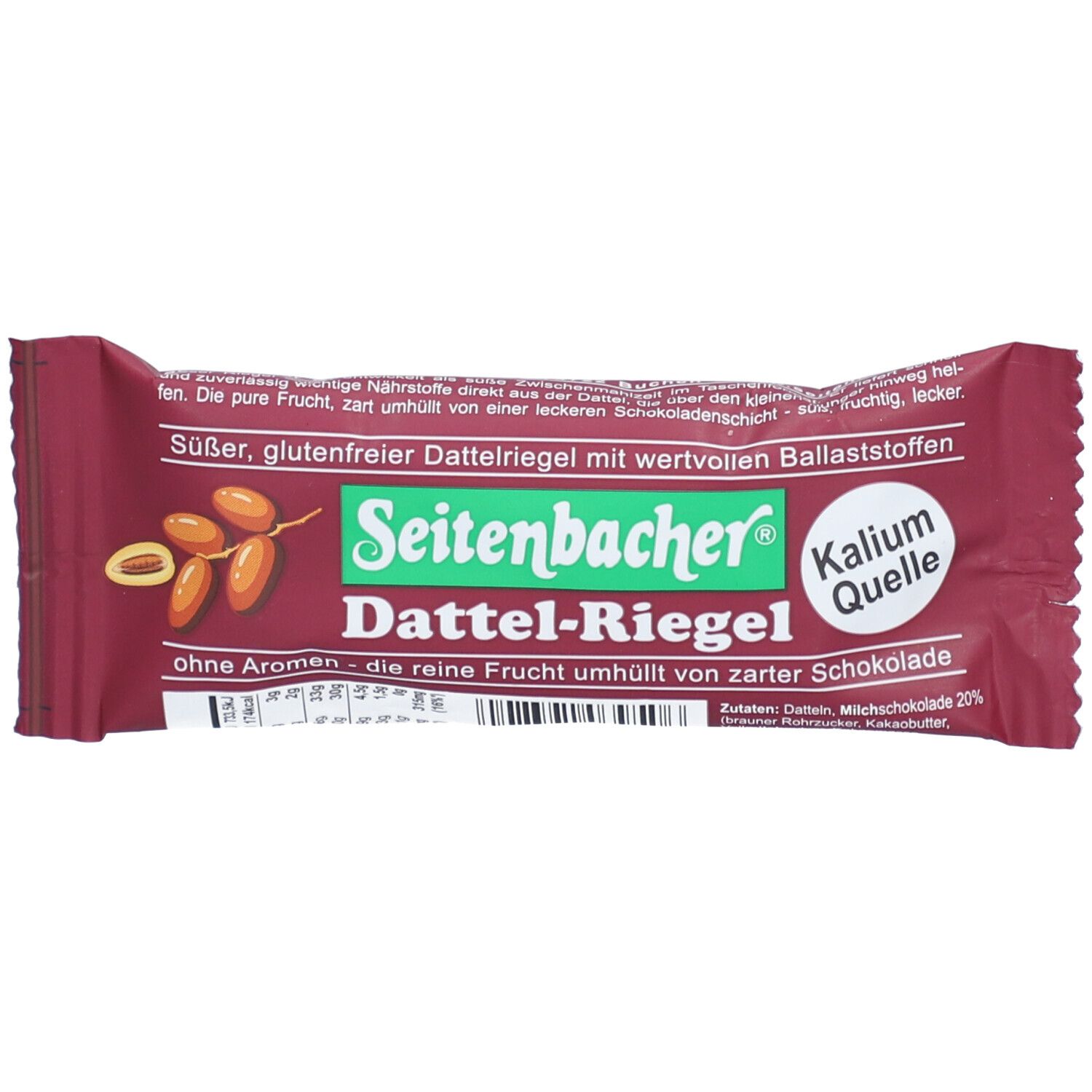 Verpackung eines Seitenbacher Dattel-Riegels. Roter Hintergrund, grüne und weiße Schrift. Aufschrift: Dattel-Riegel, Kalium Quelle.