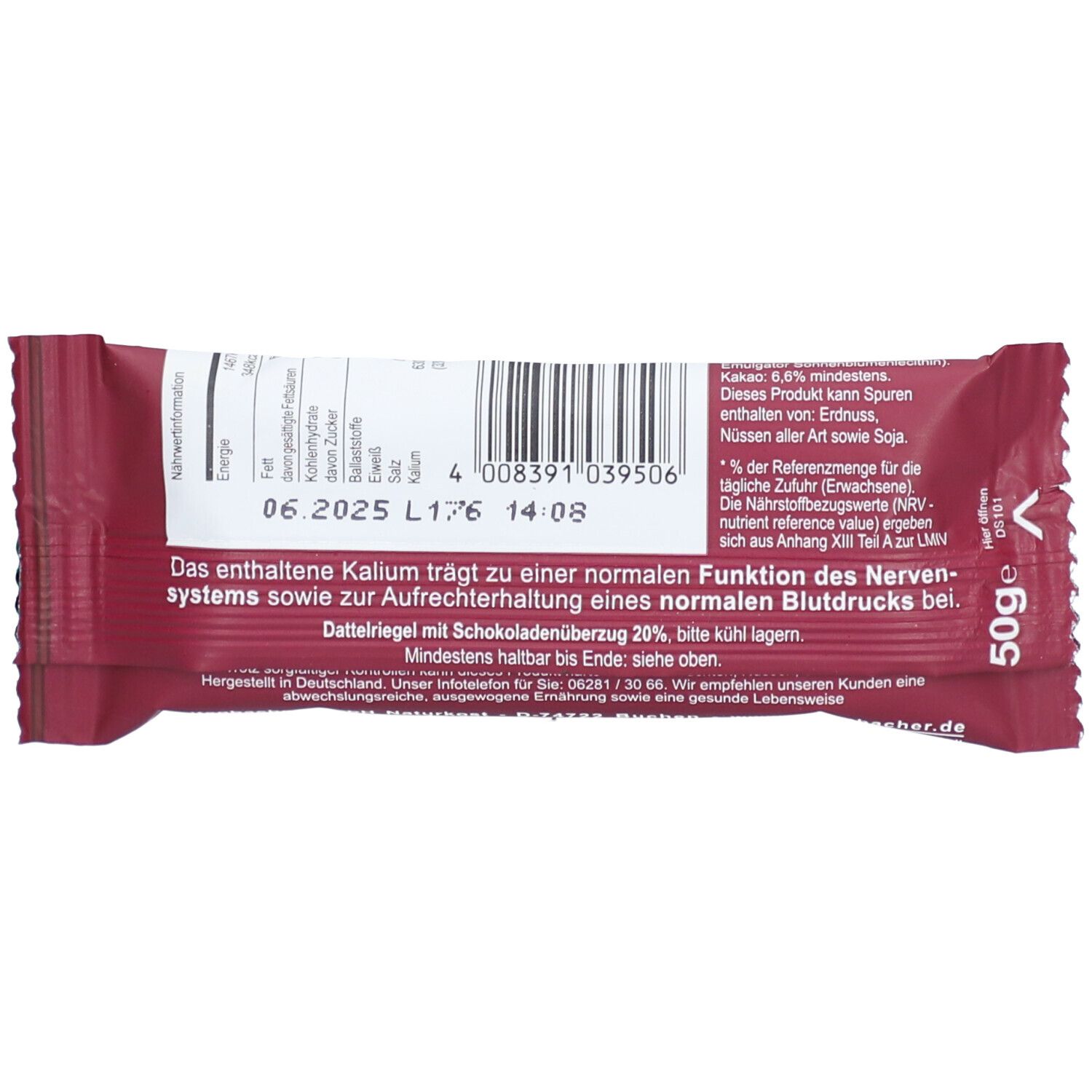 Rückseite der Verpackung eines Seitenbacher Dattel-Riegels. Roter Hintergrund, Text in Weiß. Enthält Informationen zu Nährwerten und Inhaltsstoffen.