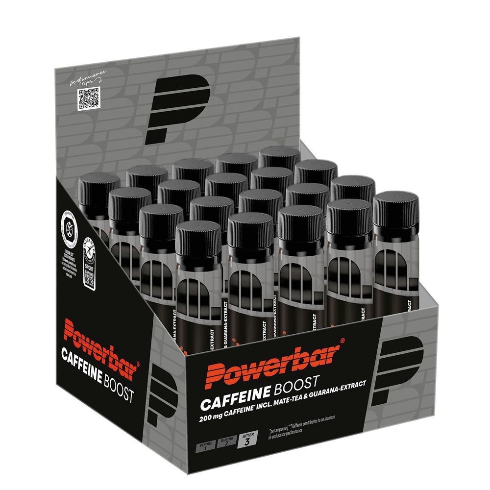 PowerBar CAFFEINEBOOST in einer Displaybox. Enthält mehrere Fläschchen mit schwarzem Deckel. Aufdruck: PowerBar, Caffeine Boost.