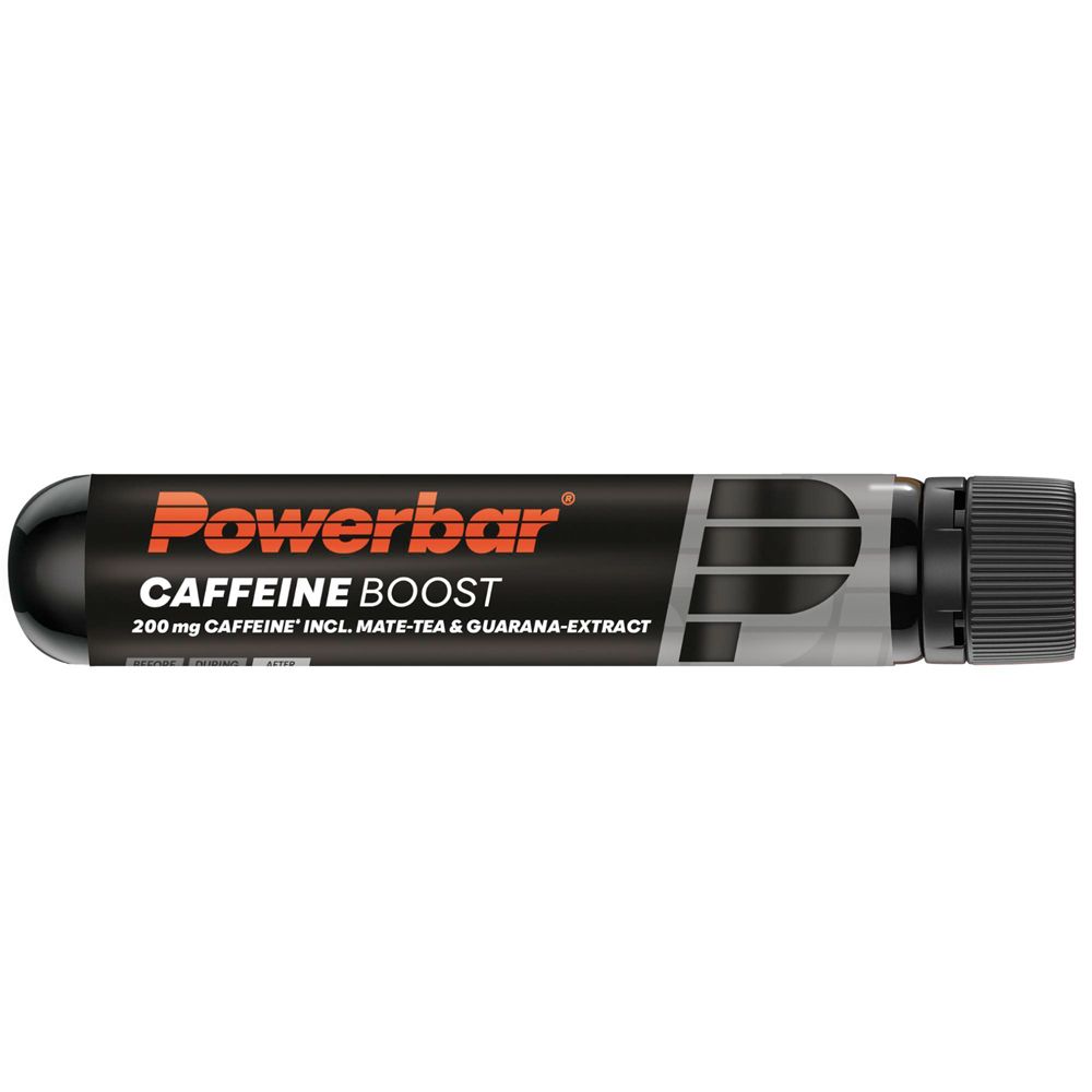 Schlankes Fläschchen PowerBar CAFFEINEBOOST. Schwarz mit orangefarbenem Schriftzug. Enthält 200mg Koffein. Schwarzer Deckel.