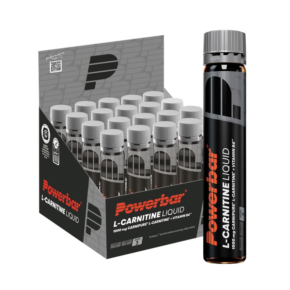 Verpackung mit PowerBar L-Carnitine Liquid-Ampullen. Schwarze Flaschen mit roter Schrift. Graue Verpackung.
