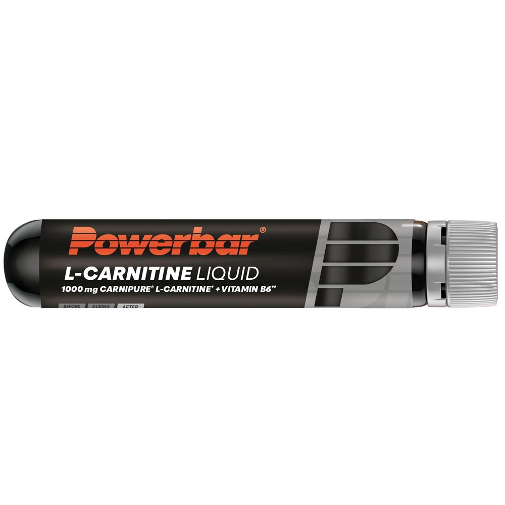 Einzelne Ampulle PowerBar L-Carnitine Liquid. Schwarze Flasche mit roter Schrift. Grauer Verschluss.
