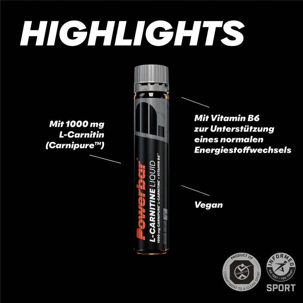 PowerBar L-Carnitine Liquid-Ampulle. Schwarze Flasche mit roter Schrift. Enthält L-Carnitin und Vitamin B6.