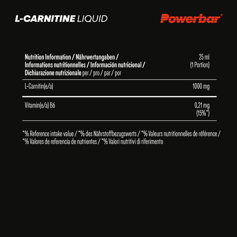 Nährwertangaben für PowerBar L-Carnitine Liquid. Enthält L-Carnitin und Vitamin B6.