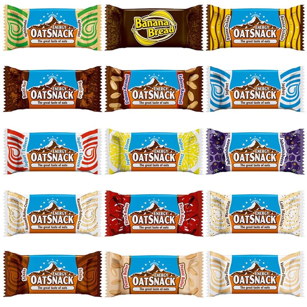 Verschiedene OatSnack Riegel. Aufdruck: Energy OatSnack, The great taste of oats. Verschiedene Geschmacksrichtungen.