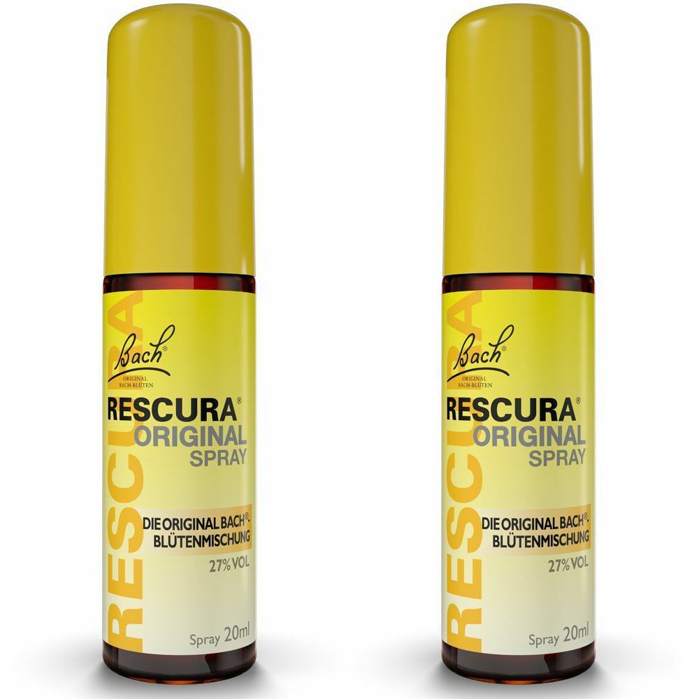 Zwei Sprühflaschen mit gelbem Deckel und Etikett. Aufschrift: RESCURA ORIGINAL SPRAY, 27% Vol. und Spray 20ml.