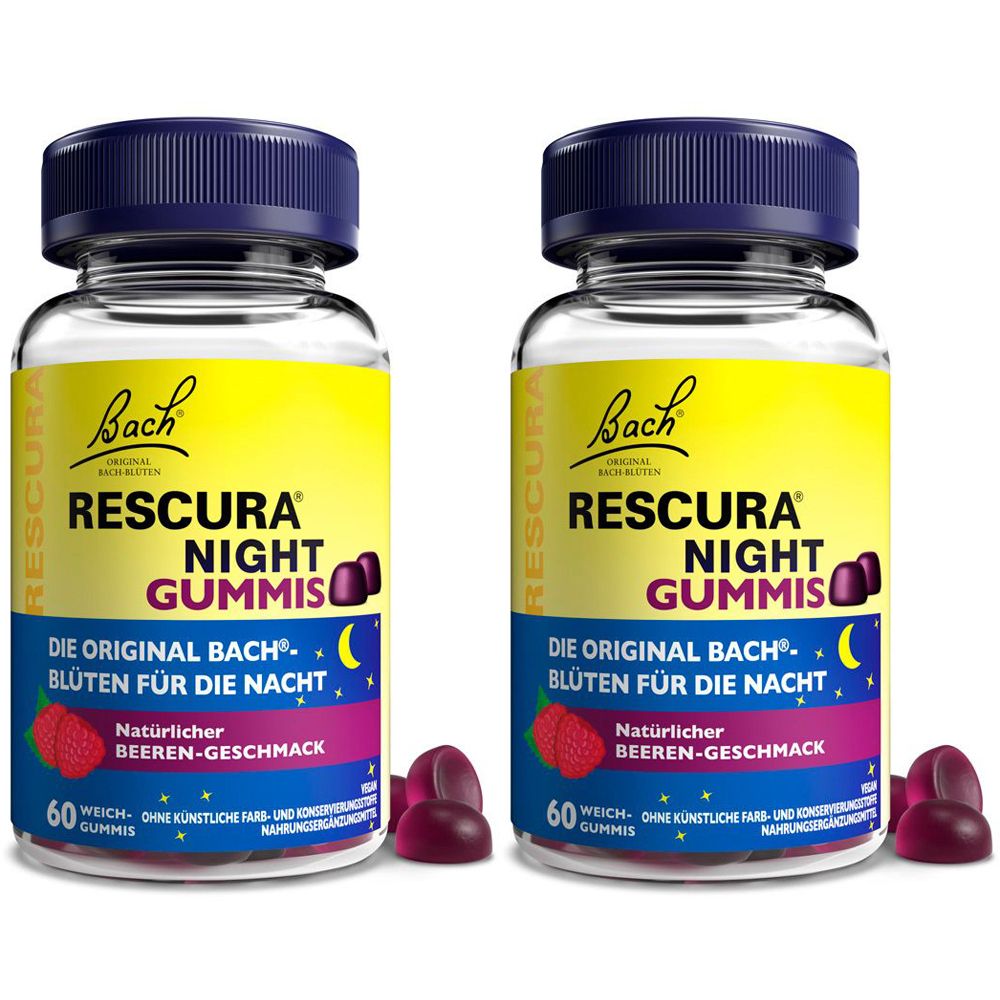 Zwei Glasflaschen mit blauen Deckeln. Aufschrift: RESCURA NIGHT GUMMIS. Darunter: Blüten für die Nacht. 60 Gummis. Einige Gummis liegen daneben.