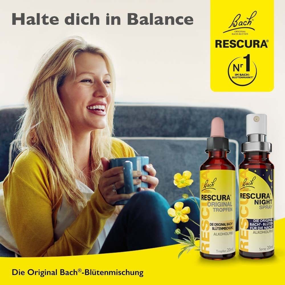 Frau trinkt aus einer Tasse. Neben ihr stehen zwei Flaschen RESCURA. Text: Halte dich in Balance.