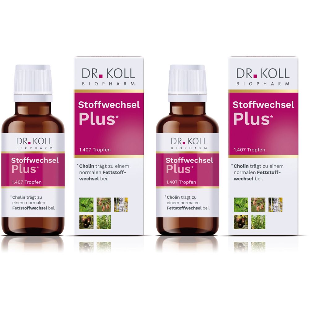 Mehrere Flaschen und Verpackungen von DR. KOLL Stoffwechsel Plus. Braune Flaschen mit weißen Verschlüssen und Etiketten.