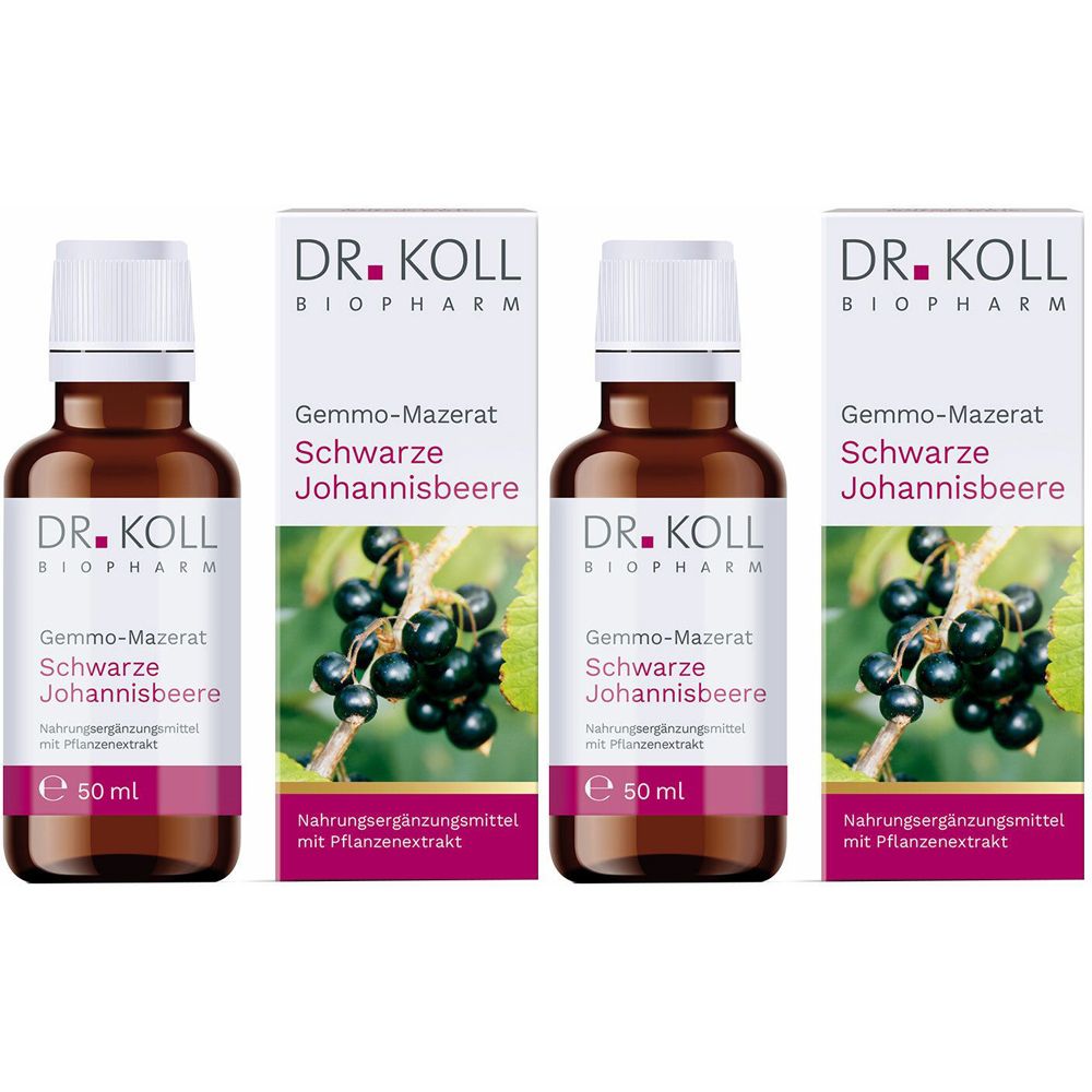 Drei Flaschen und Verpackungen. Aufschrift: DR. KOLL, Gemmo-Mazerat Schwarze Johannisbeere. Nahrungsergänzungsmittel.