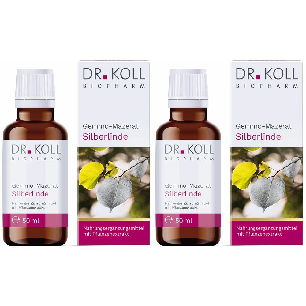 Drei Flaschen und Verpackungen. Aufschrift: DR. KOLL, Gemmo-Mazerat Silberlinde. Nahrungsergänzungsmittel mit Pflanzenextrakt.