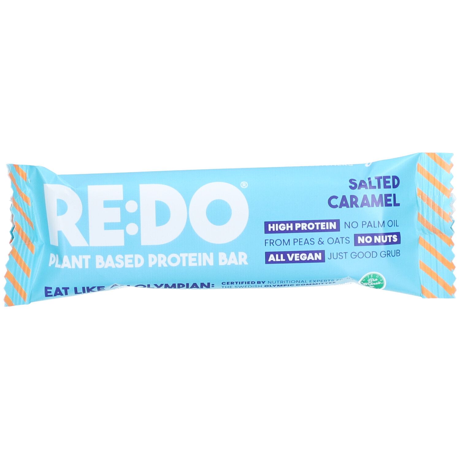 Riegel in hellblauer Verpackung. Aufschrift RE:DO, Salted Caramel, High Protein, vegan. Gestreiftes Design an den Rändern.
