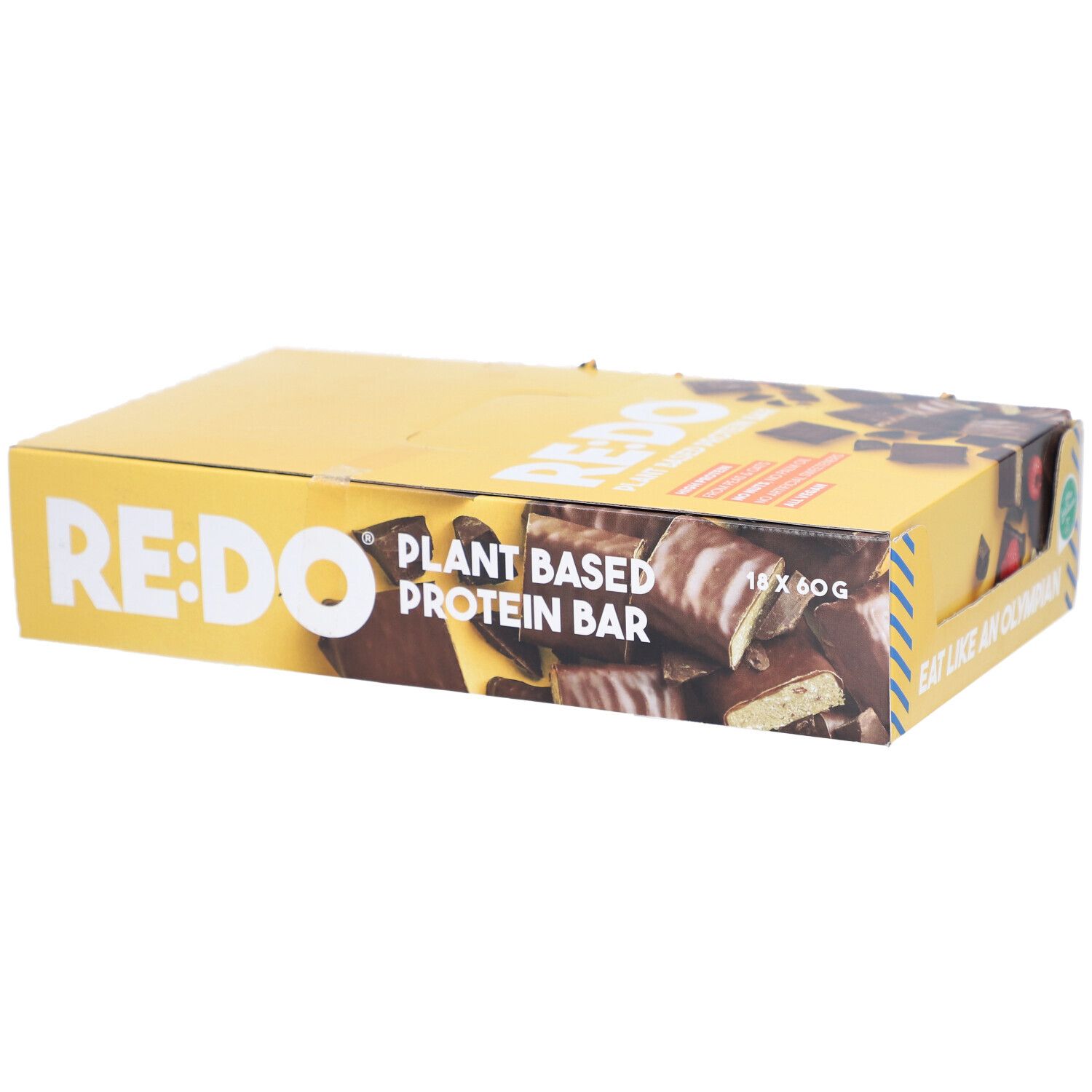 Gelbe Kartonverpackung mit RE:DO-Logo und Text. Aufschrift: Plant Based Protein Bar, 18 x 60g.
