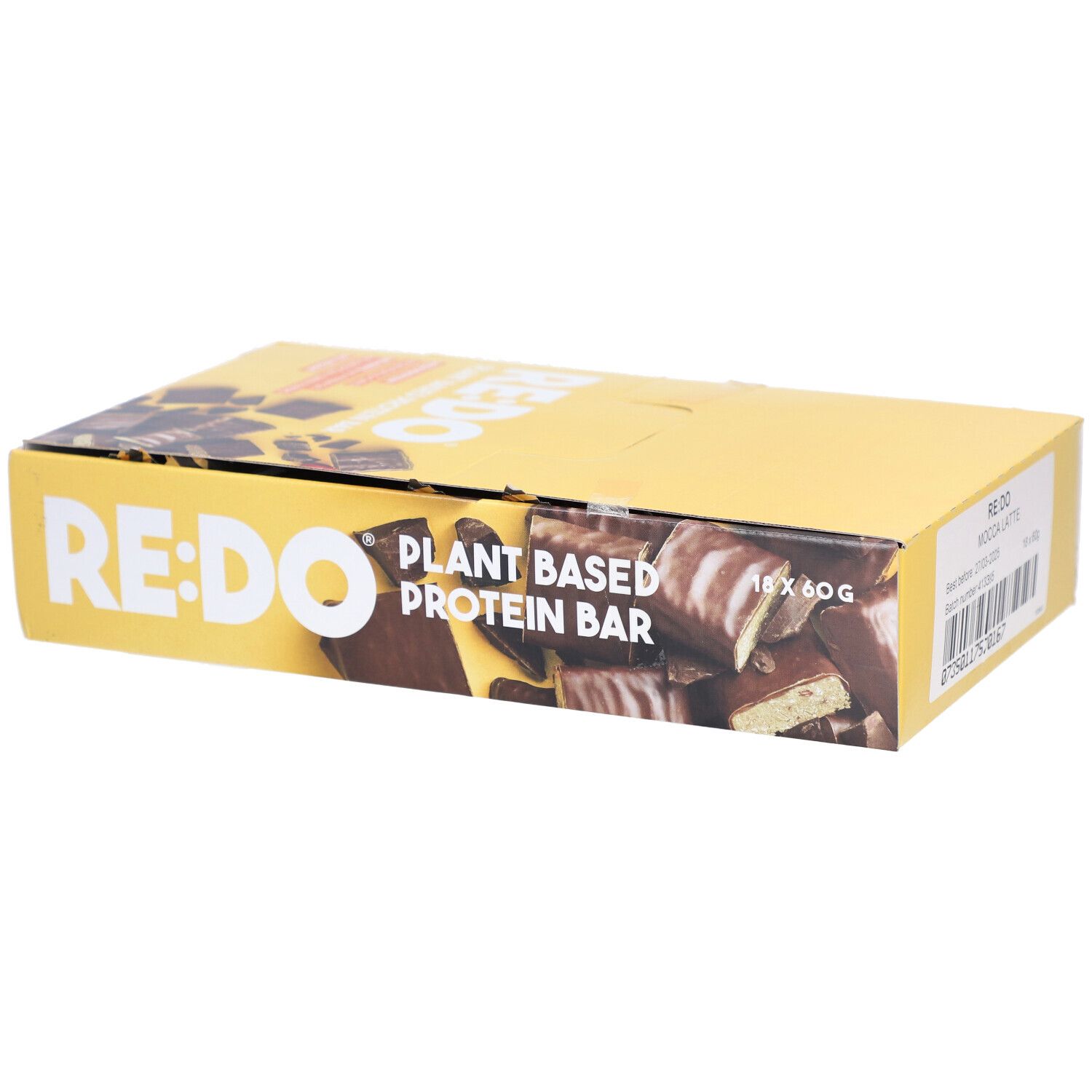 Gelbe Kartonverpackung mit RE:DO-Logo und Text. Aufschrift: Plant Based Protein Bar, 18 x 60g.