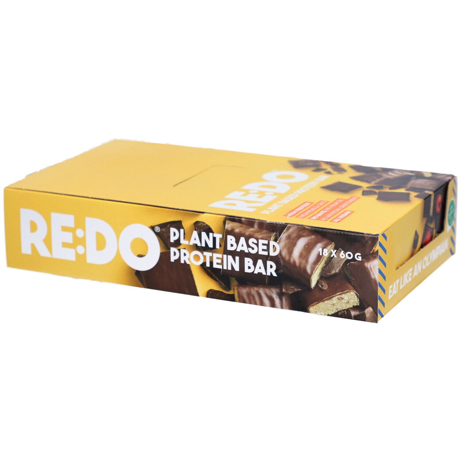 Gelbe Schachtel mit RE:DO-Schokoriegeln. Aufschrift: Plant Based Protein Bar. Enthält 18 Riegel à 60g. Blaue Streifen.
