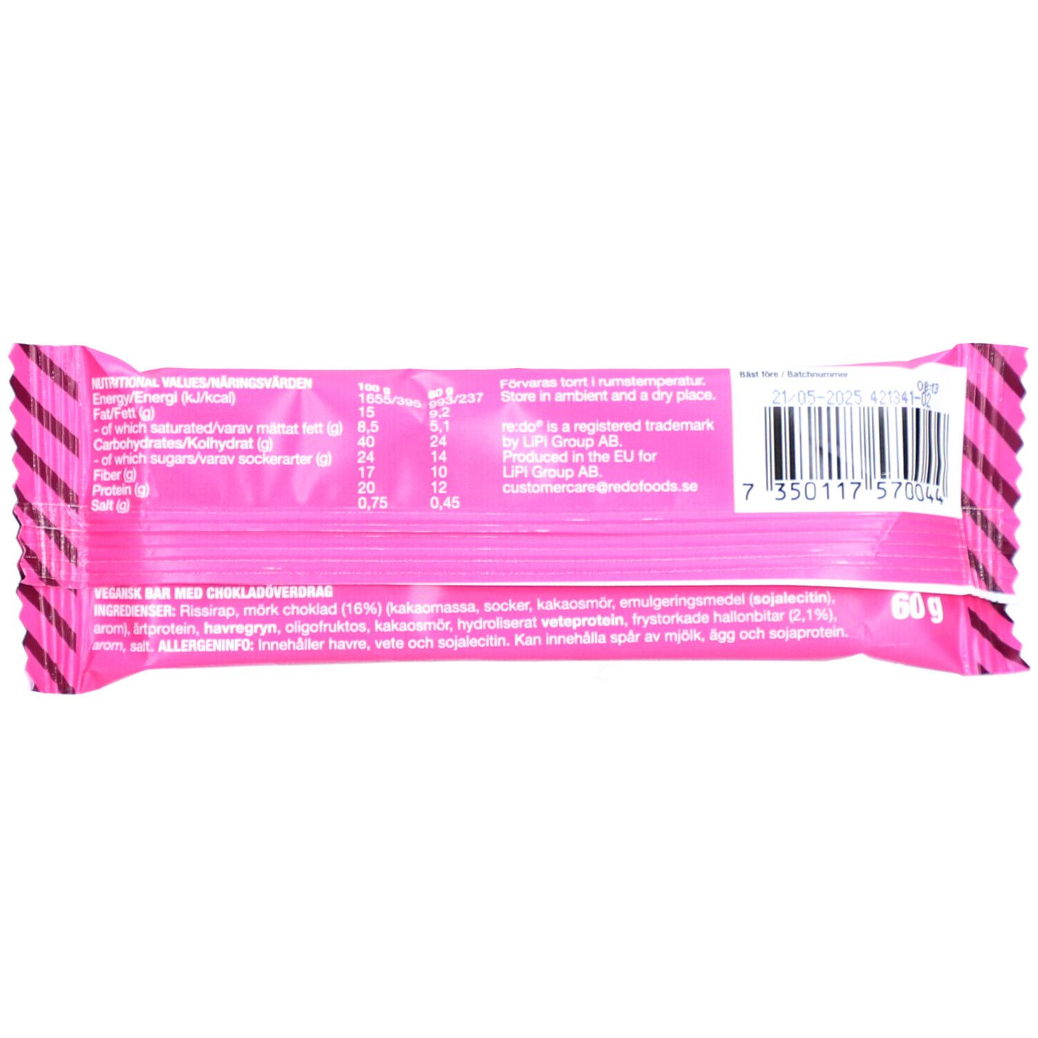Rückseite der rosa Riegelverpackung. Enthält Nährwertangaben, Zutatenliste und Barcode. Gewicht: 60 g.