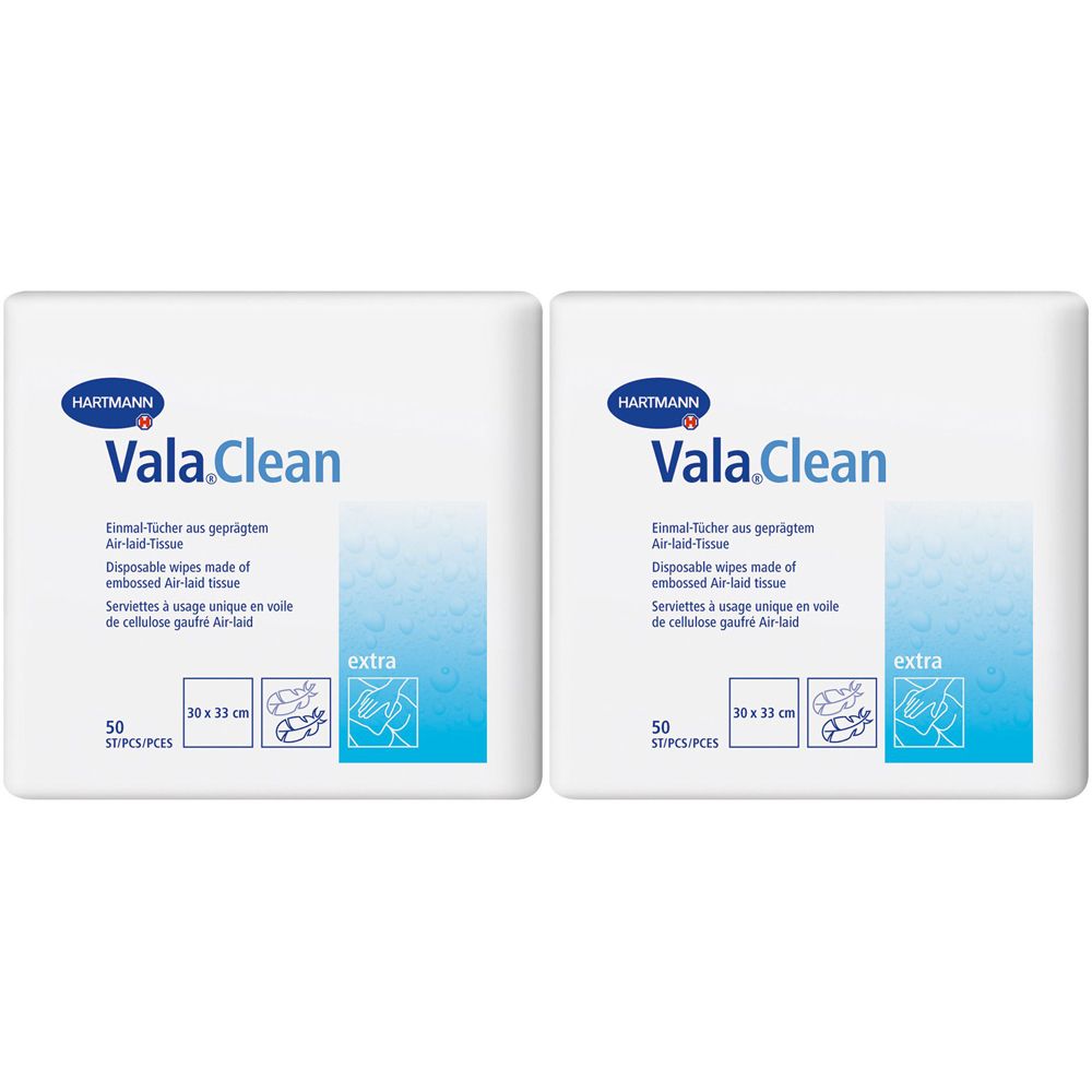 Zwei Packungen Vala.Clean Einmal-Tücher. Weiße quadratische Verpackung mit blauer Schrift. Enthält 50 Tücher, 10x33 cm.