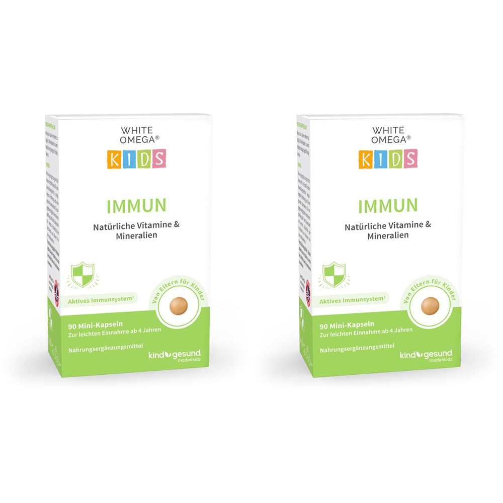 Zwei weiße Schachteln mit der Aufschrift WHITE OMEGA KIDS IMMUN. Enthält natürliche Vitamine und Mineralien. Grün-weiße Verpackung.