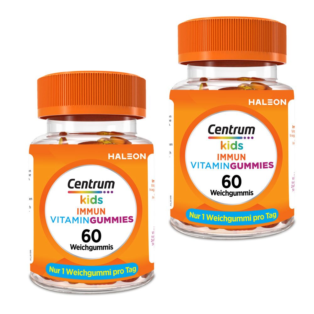 Zwei Flaschen Centrum Kids Immun Vitamin Gummies. Jede Flasche enthält 60 Weichgummis. Orangefarbener Deckel, transparente Flasche.