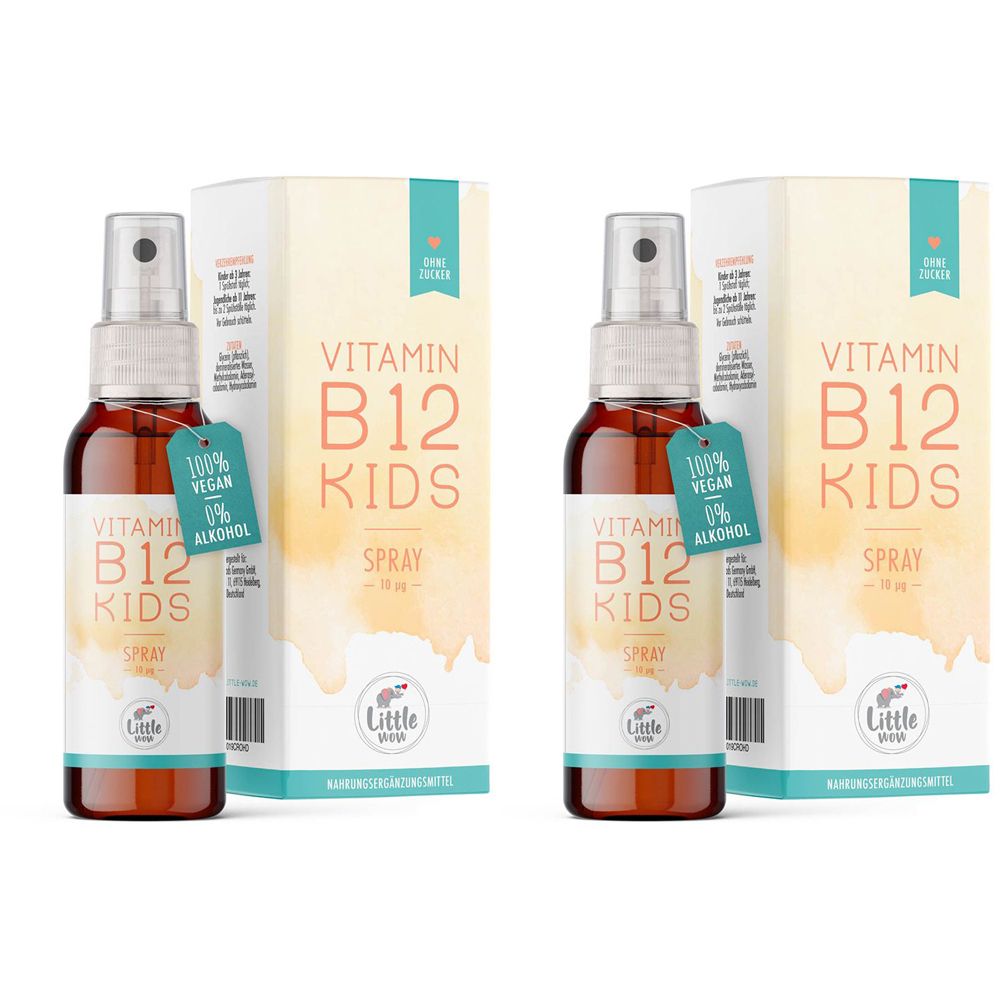 Zwei Flaschen Vitamin B12 Kids Spray mit Verpackung. Aufschrift: 100% vegan, 0% Alkohol. Marke: Little Wow.