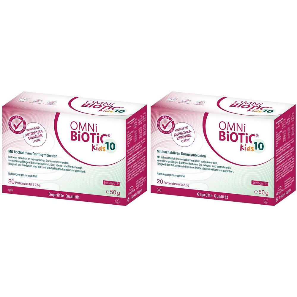 Zwei Packungen OMNi-BiOTiC® 10 Kids. Rosa Verpackung mit Produktnamen und Logo. Enthält 20 Portionen.