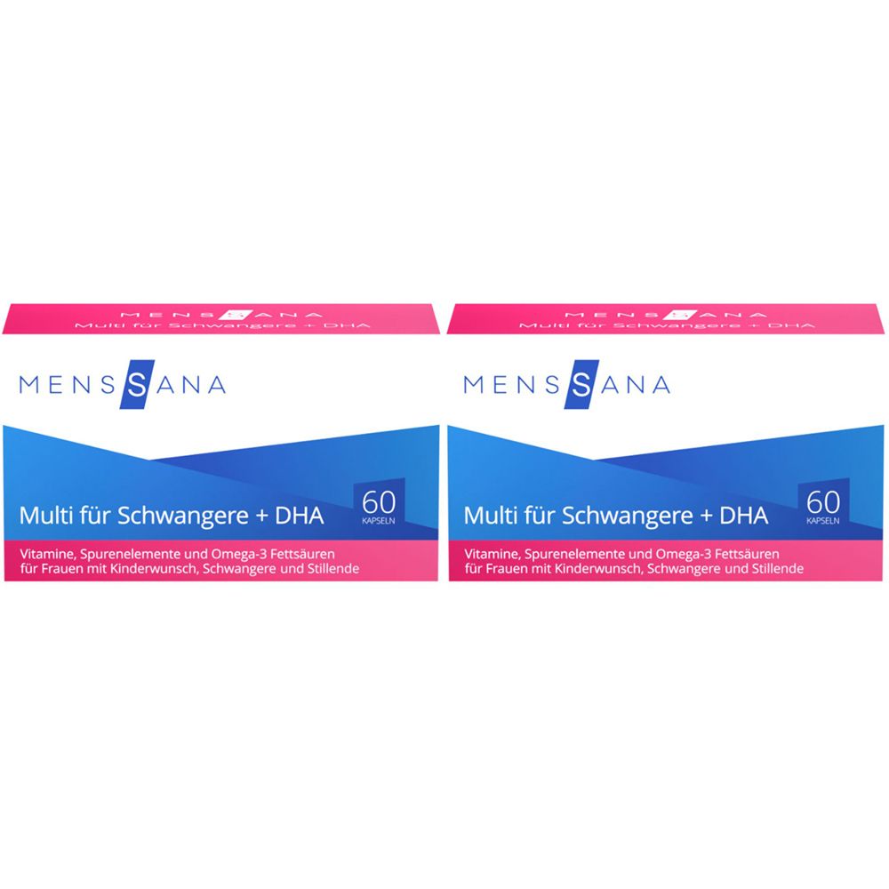 Zwei Packungen MENSSANA Multi für Schwangere + DHA. Blaue und rosa Verpackung mit Text. 60 Kapseln.