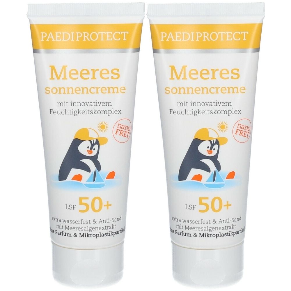 Zwei Tuben Sonnencreme. Aufschrift: PAEDI PROTECT, Meeres sonnencreme LSF 50+. Mit Pinguin-Illustration.